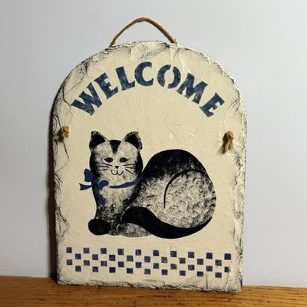Vtg Painted Slate Welcome Sign Stenciled Cat Blue Bow Wall Decor Cottage Country